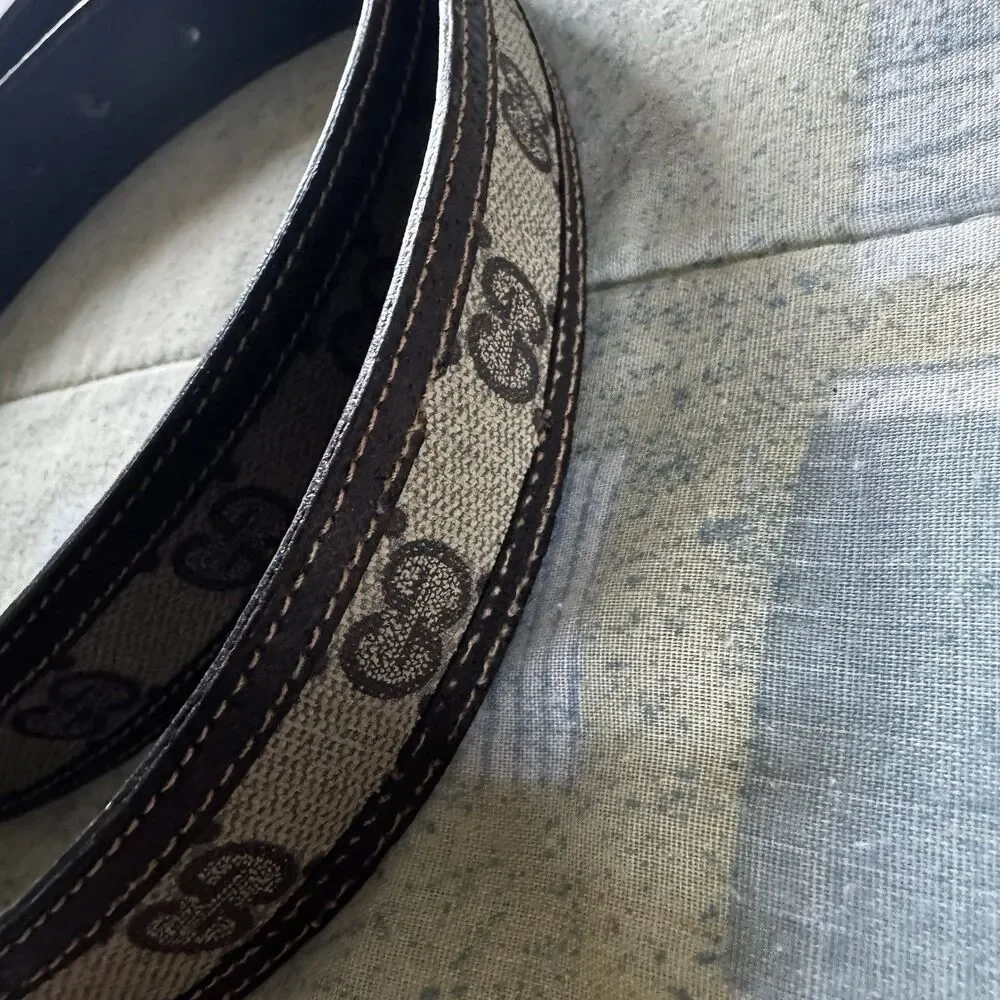 Gucci Dual Metal Monogram GG Leather Vintage Rare Canvas Dark Blue Belt Size 90